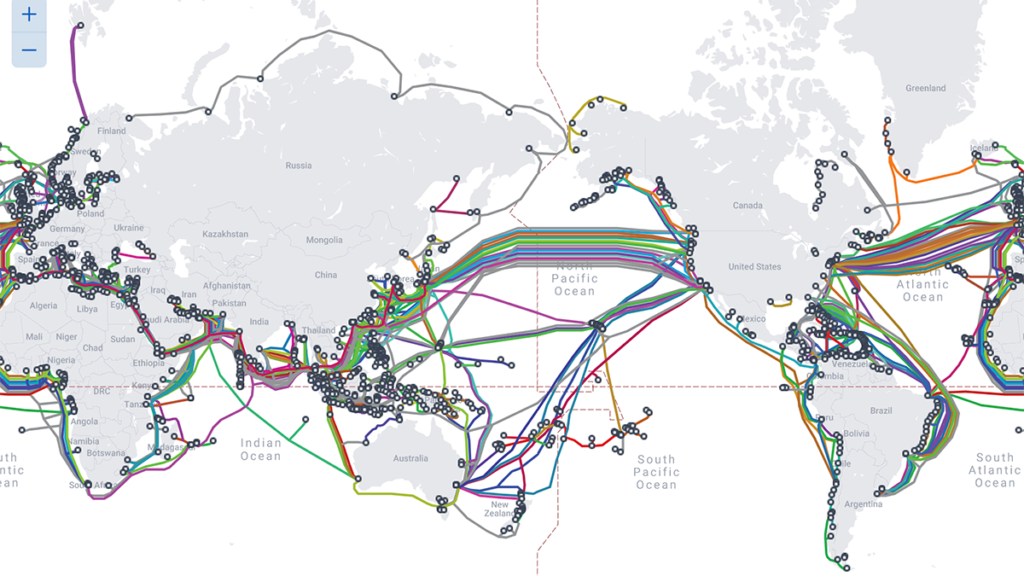 این تصویر شامل: نقشه کابل کشی فیبر نوری در اتصال قاره ها است