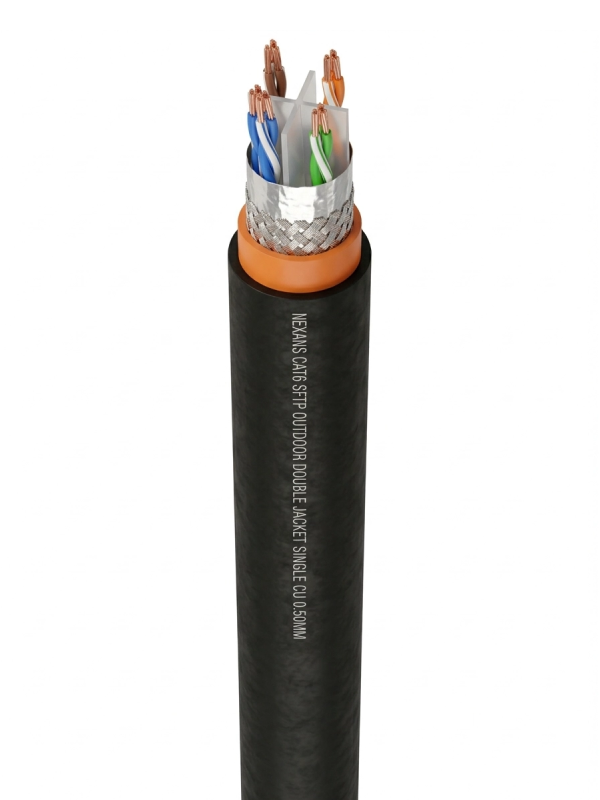 Nexans-design Cat6 SFTP Outdoor Network Cable (0.50mm), Double-Jacketed, Shielded کابل شبکه تمام مس اوت دور دابل جکت سینگل شده طرح تست نگزنس 0.50 Cat6 Sftp
