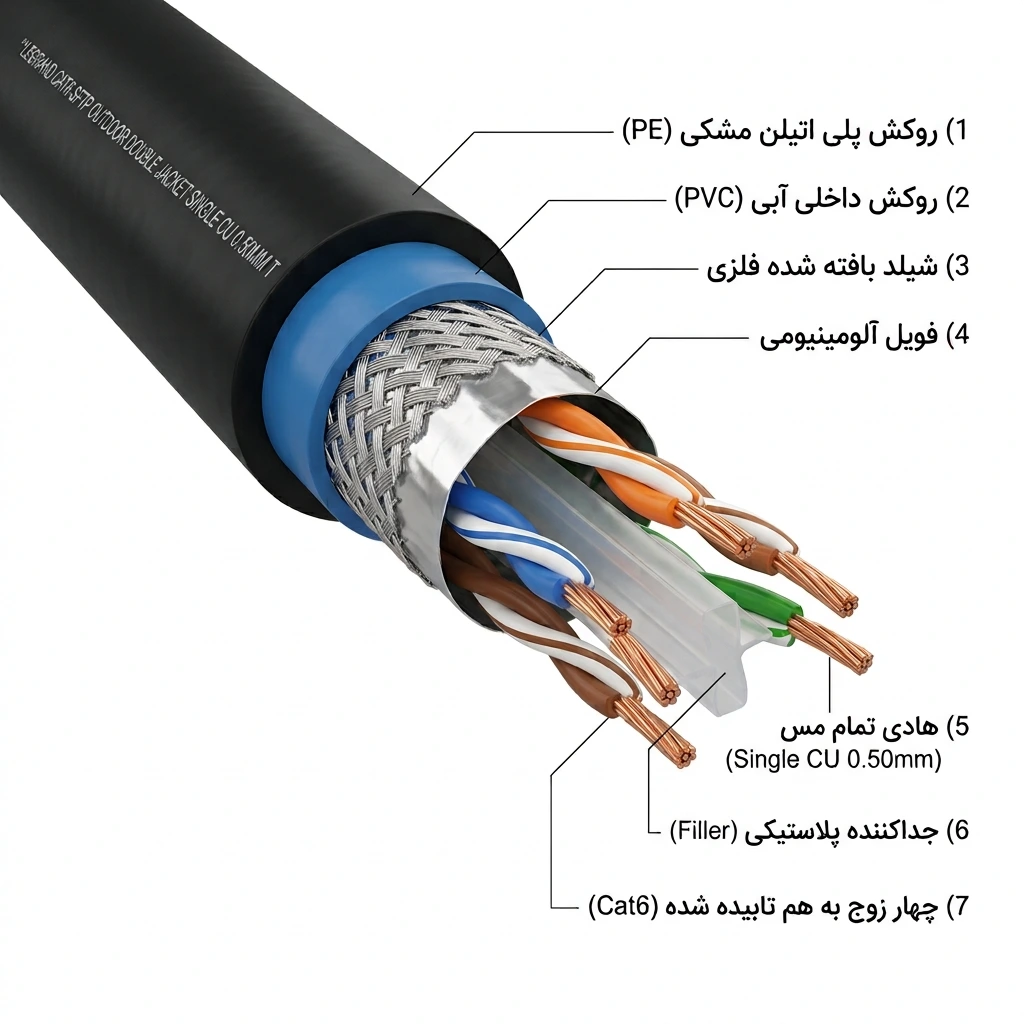 ساختار کابل شبکه تمام مس اوت دور دابل جکت سینگل شده طرح تست لگراند 0.50 Cat6 Sftp