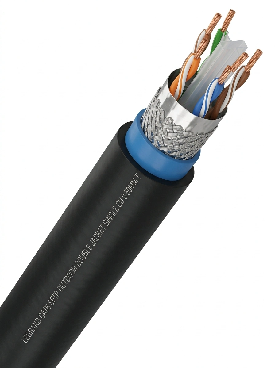 Cat6 SFTP Outdoor Network Cable, Double-Jacketed, Legrand-Spec (0.50mm) کابل شبکه تمام مس اوت دور دابل جکت سینگل شده طرح تست لگراند 0.50 Cat6 Sftp