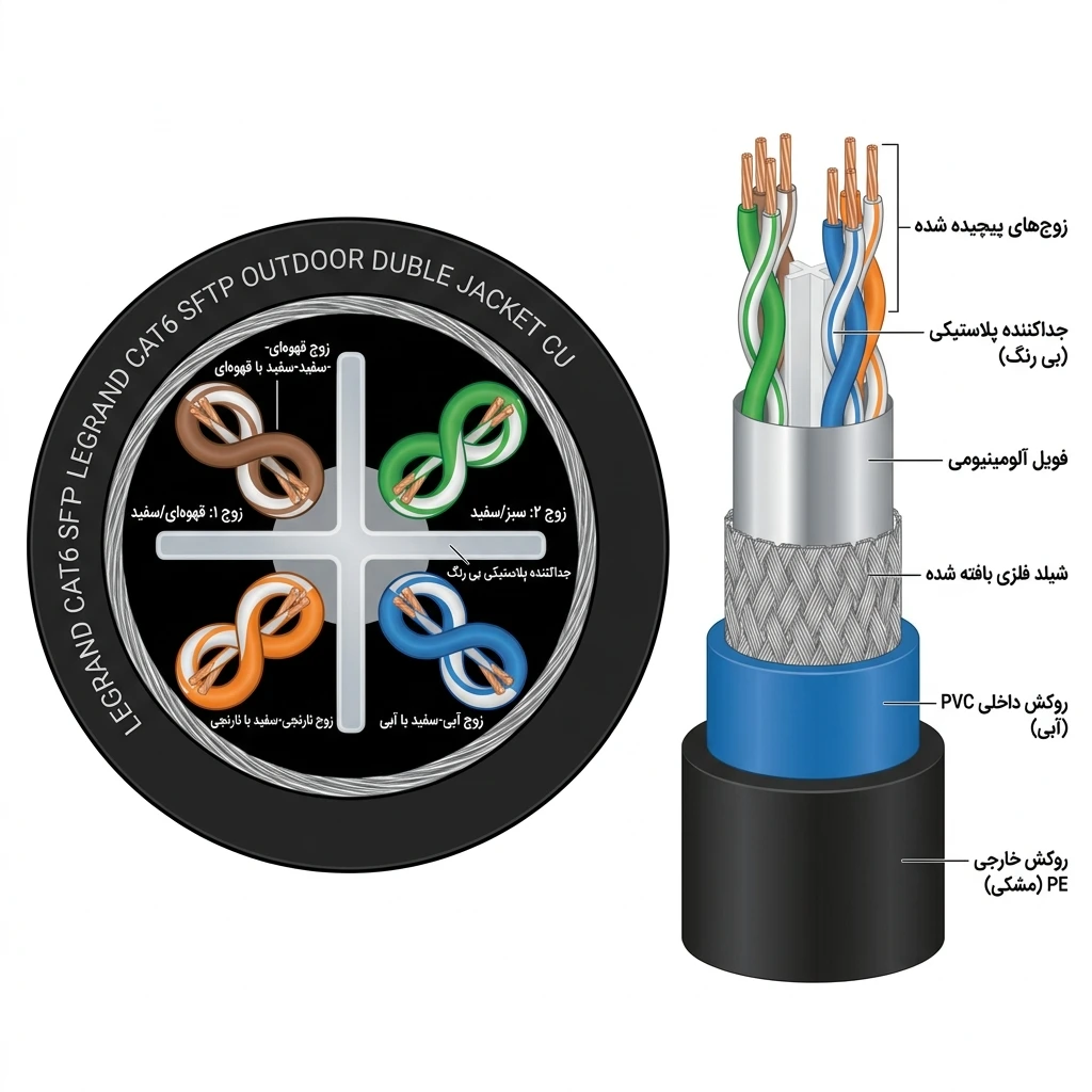 ساختار کابل شبکه تمام مس اوت دور دابل جکت لگراند Cat6 Sftp Legrand