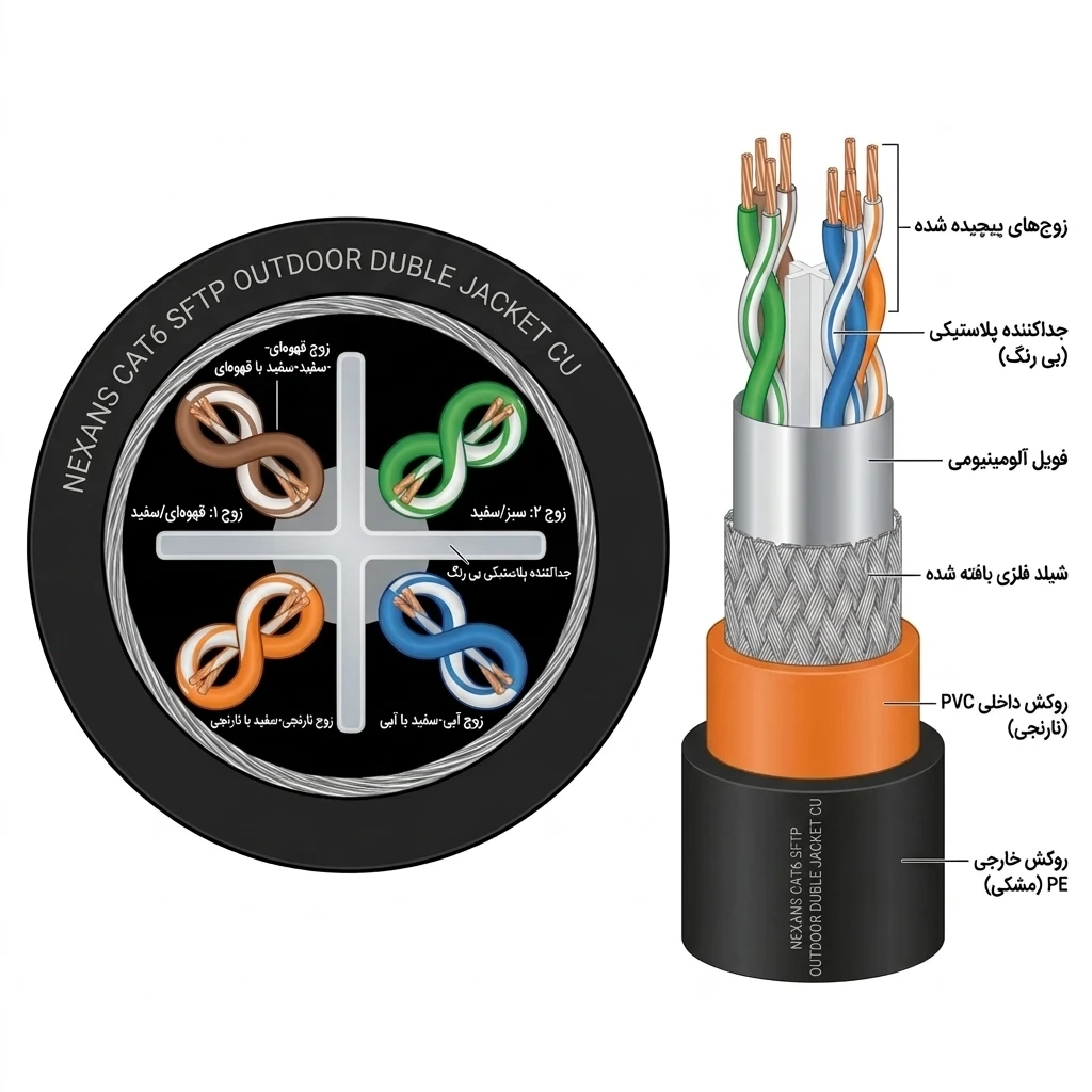 ساختار کابل شبکه تمام مس اوت دور دابل جکت نگزنس 0.44 Cat6 Sftp